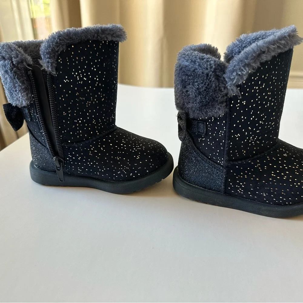 Toddler girl sparkly winter boots navy blue with bows